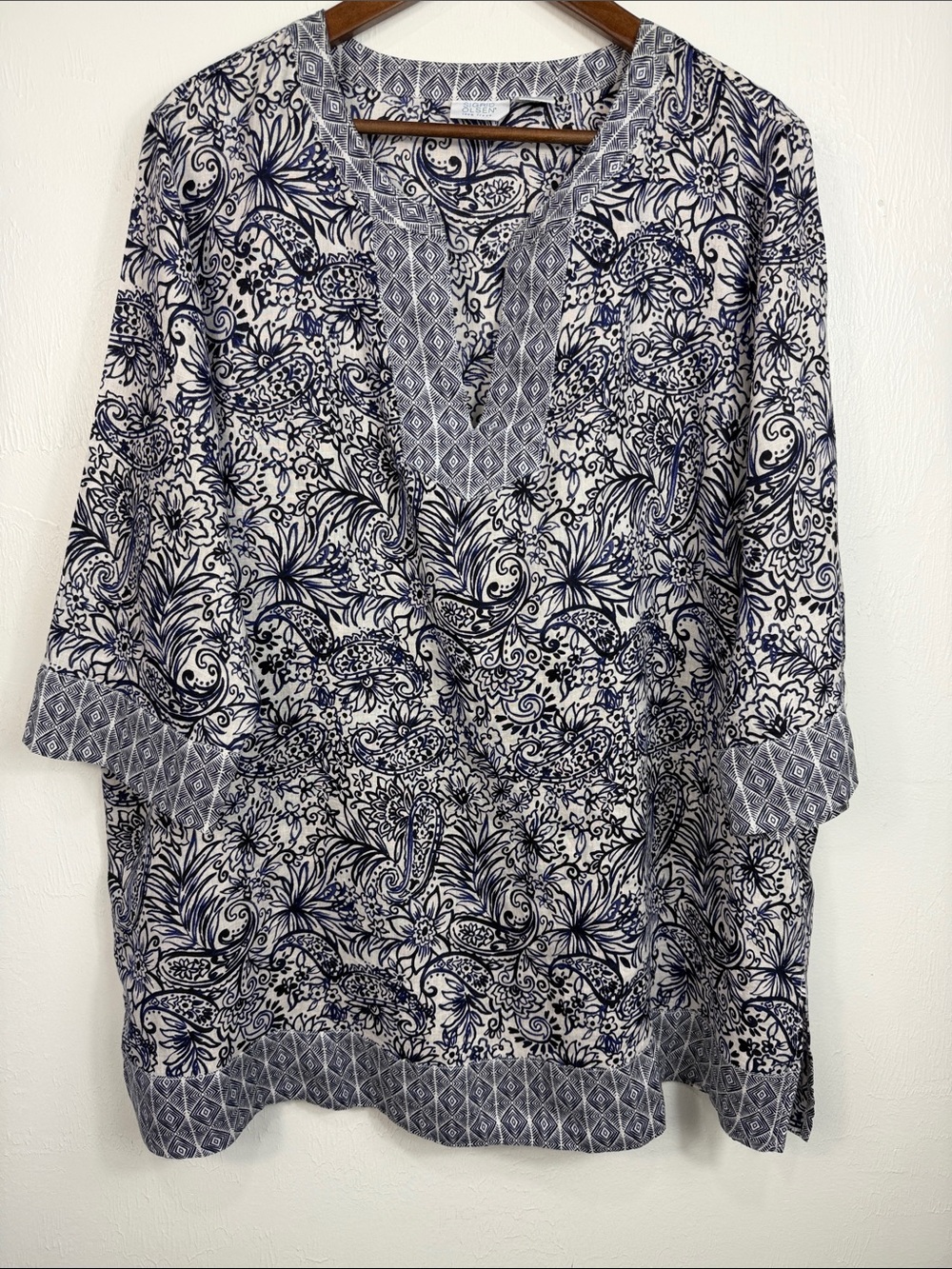 Sigrid Olsen 100% Linen Paisley Floral Tunic Blouse Blue White Plus 1X EU 46 - Picture 2 of 8